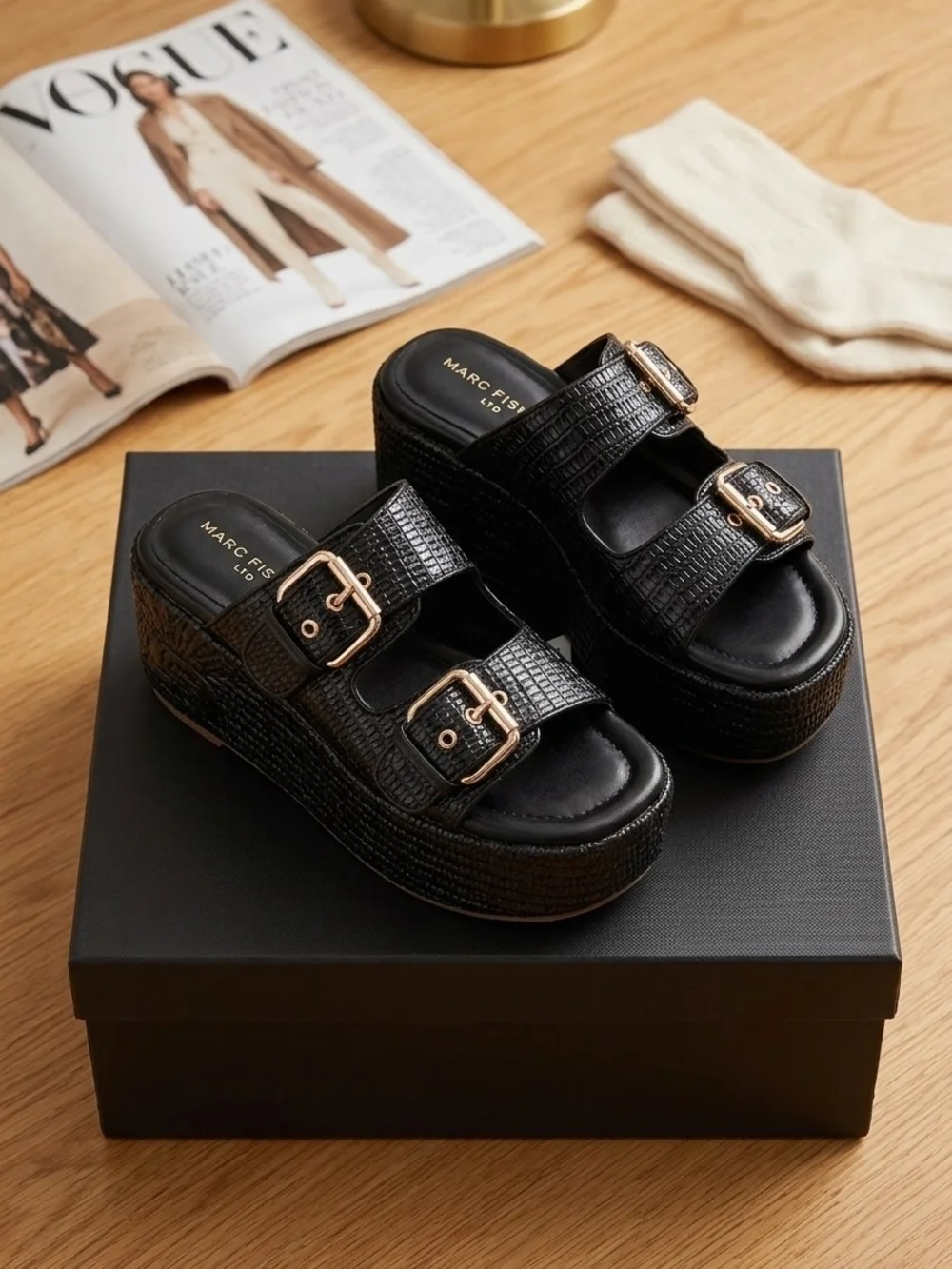 Marc Fisher Black Faux-Croc Platform Buckle Slides with Gold Hardware